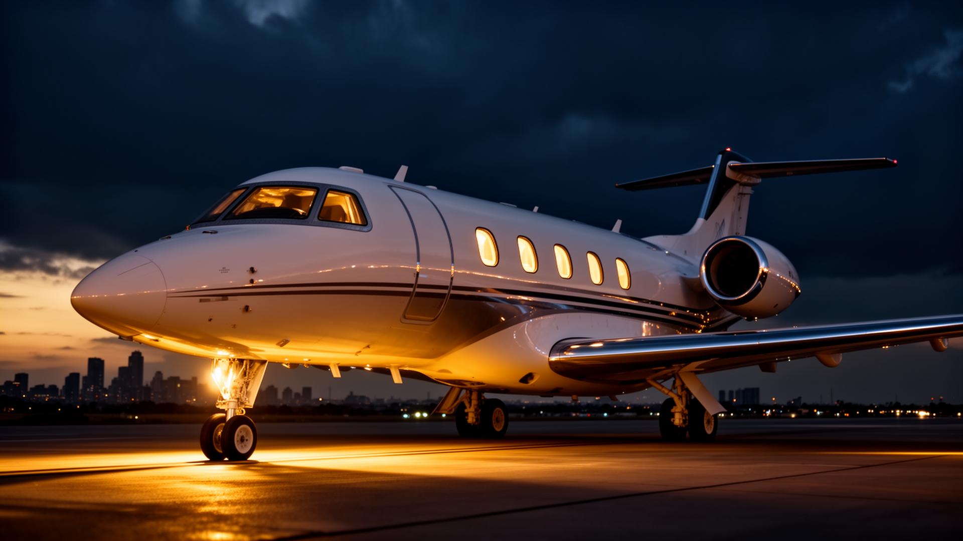 Private jet on tarmac at dusk